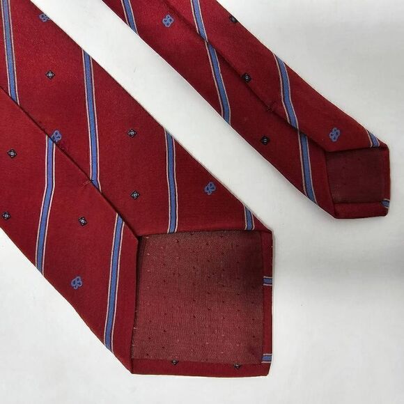 BISQUIT COGNAC VINTAGE SILK TIE RED BLUE LOGO STRIPE SATIN 3" X 56" - Picture 3 of 3